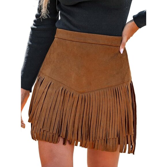 Dresses & Skirts - Women Fringe Skirt Western Cowgirl Terra High Waist Mini Skirt Orange Brown